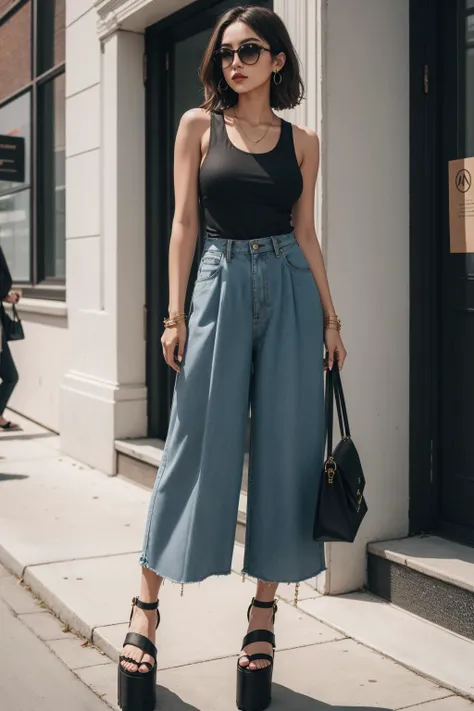 a portrait of beautiful Wide-leg pants, tank top, platform sandals, shoulder bag, statement cuff