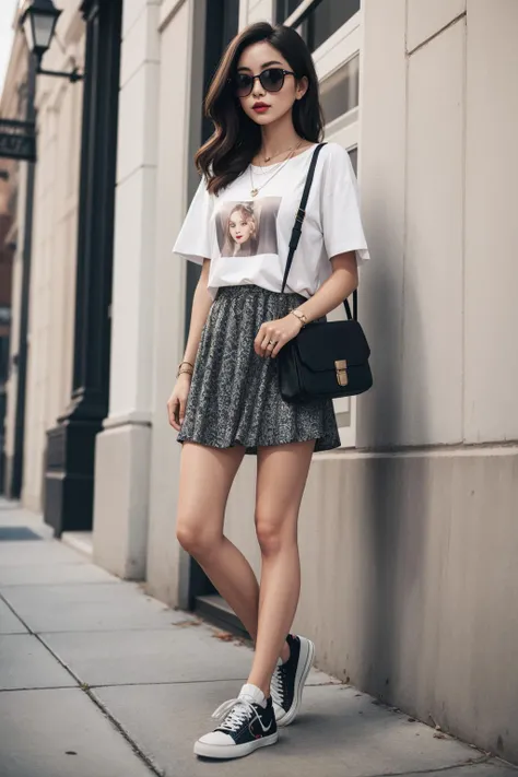 a portrait of beautiful Slip skirt, graphic t-shirt, sneakers, crossbody bag, dainty necklace