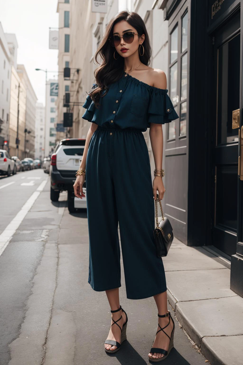 a portrait of beautiful Cropped jumpsuit, wedge sandals, shoulder bag, cuff bracelet, sunglasses