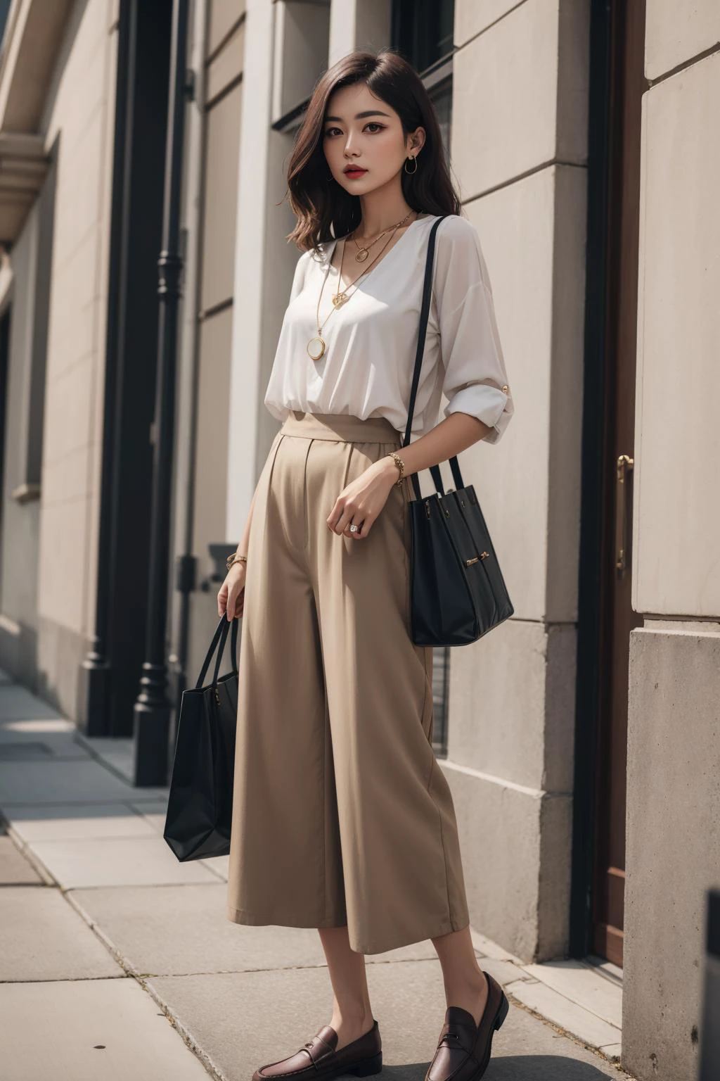a portrait of beautiful Culottes, blouse, loafers, tote bag, pendant necklace