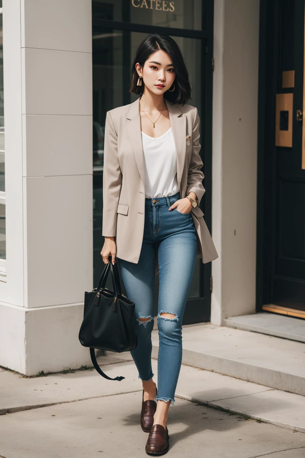a portrait of beautiful Oversized blazer, skinny jeans, loafers, shoulder bag, stud earrings