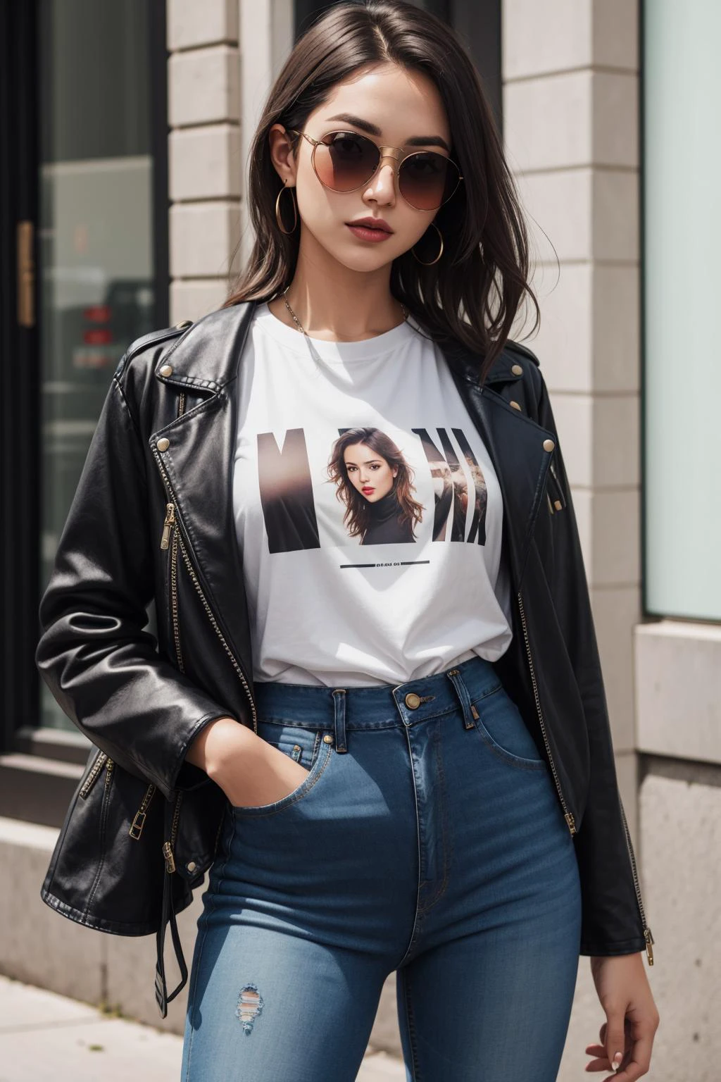 a portrait of beautiful High-waisted jeans, graphic t-shirt, ankle boots, leather jacket, sunglasses