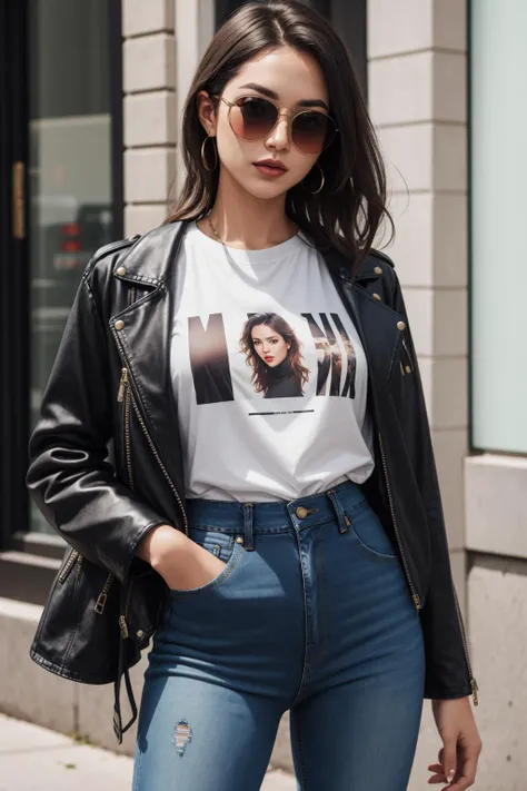a portrait  of  beautiful High-waisted jeans, graphic t-shirt, ankle boots, leather jacket, sunglasses