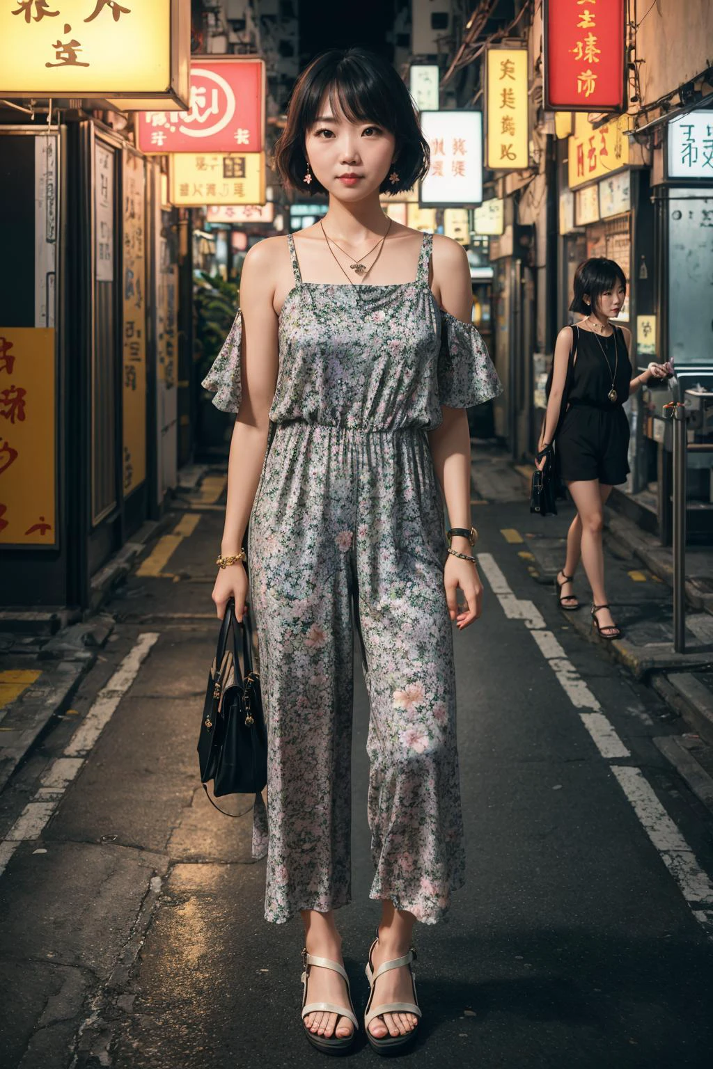 A night Hong Kong street,
a well lit adult woman poses wearing a Floral jumpsuit, wedge sandals, shoulder bag, pendant necklace,
depth of field, film grain, high quality analog photo, professional shot