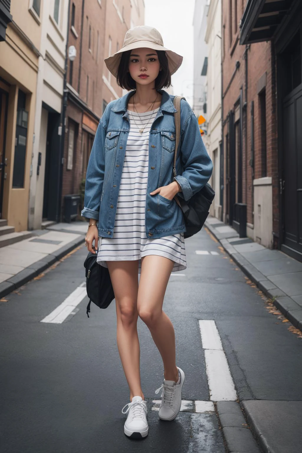 a portrait of beautiful Striped t-shirt dress, white sneakers, denim jacket, bucket hat, backpack