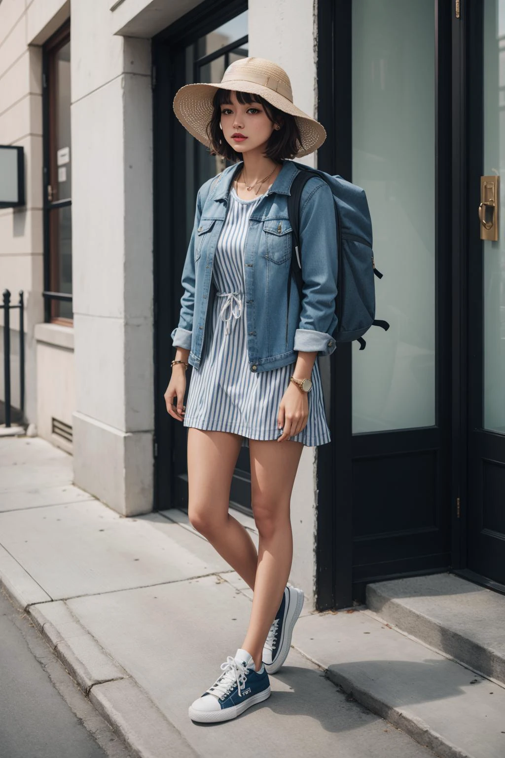 a portrait of beautiful Striped t-shirt dress, white sneakers, denim jacket, bucket hat, backpack