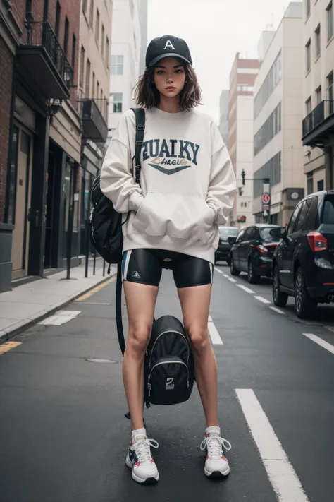 a portrait  of  beautiful Bike shorts, oversized sweatshirt, chunky sneakers, dad hat, backpack