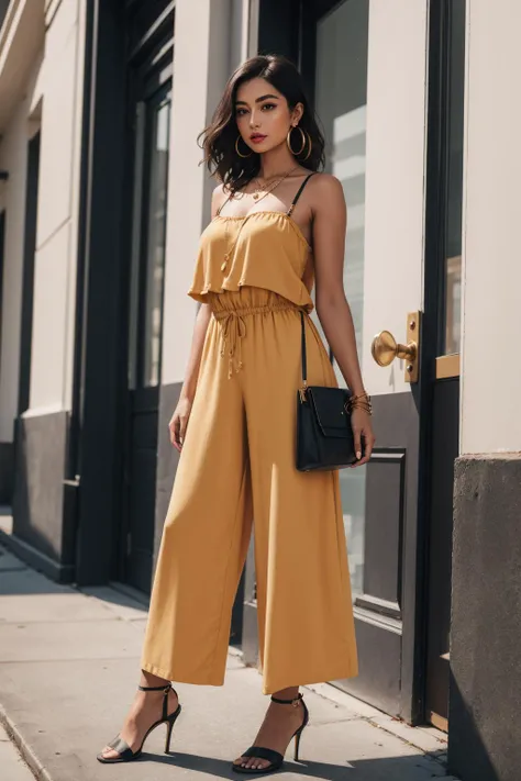 a portrait of beautiful Wide-leg jumpsuit, ankle strap heels, woven tote, hoop earrings, layered necklace