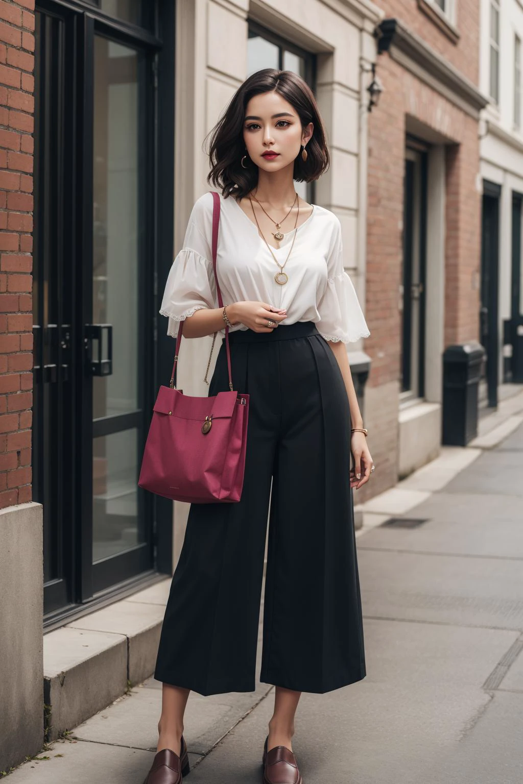 a portrait of beautiful Culottes, blouse, loafers, tote bag, pendant necklace