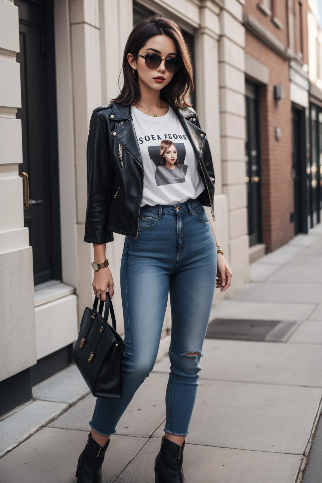 a portrait of beautiful High-waisted jeans, graphic t-shirt, ankle boots, leather jacket, sunglasses