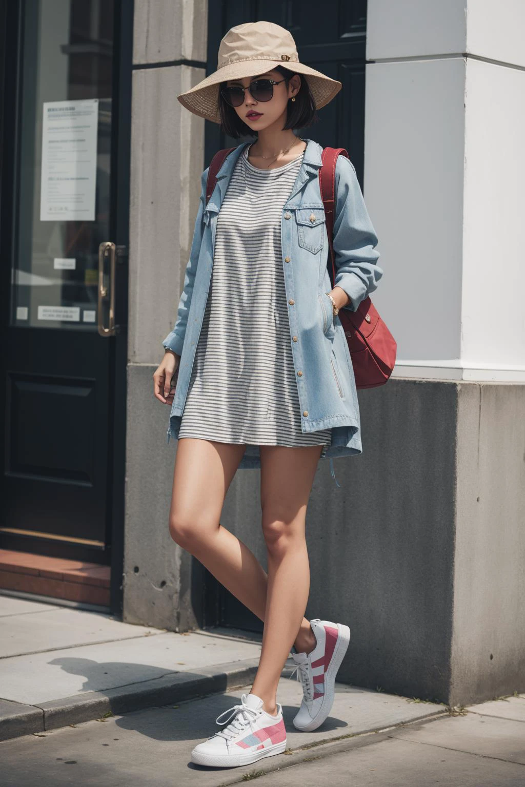 a portrait of beautiful Striped t-shirt dress, white sneakers, denim jacket, bucket hat, backpack
