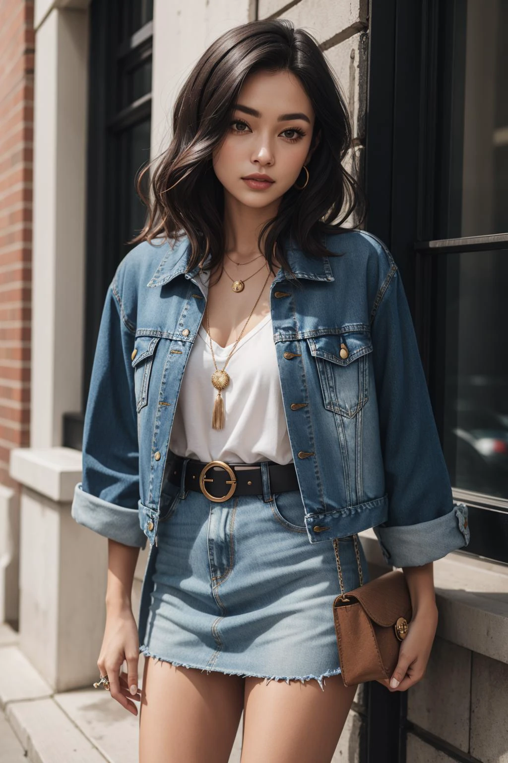 a portrait of beautiful Cropped denim jacket, floral dress, ankle boots, woven belt, statement ring