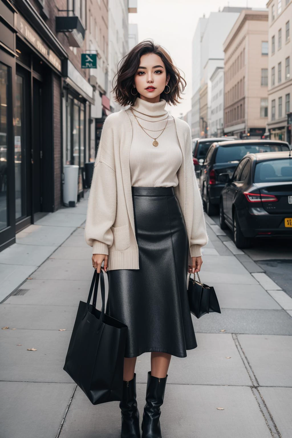 a portrait of beautiful Turtleneck sweater, midi skirt, ankle boots, tote bag, layered necklace