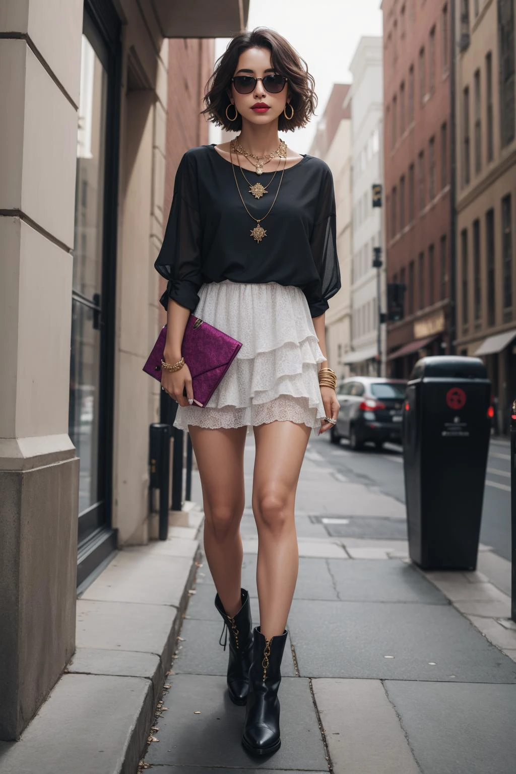 a portrait of beautiful Shirt dress, ankle boots, woven clutch, hoop earrings, layered necklace