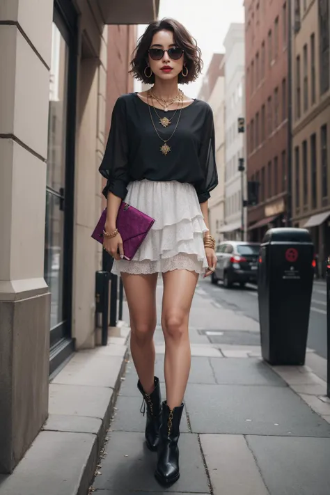 a portrait  of  beautiful Shirt dress, ankle boots, woven clutch, hoop earrings, layered necklace