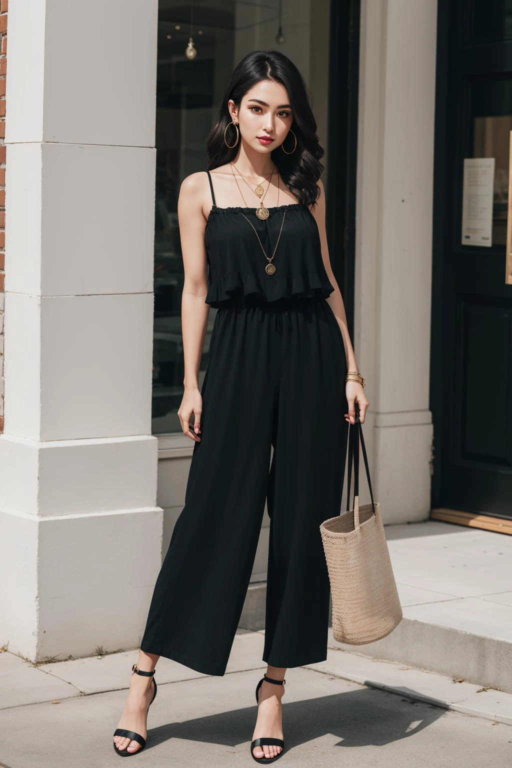 a portrait of beautiful Wide-leg jumpsuit, ankle strap heels, woven tote, hoop earrings, layered necklace