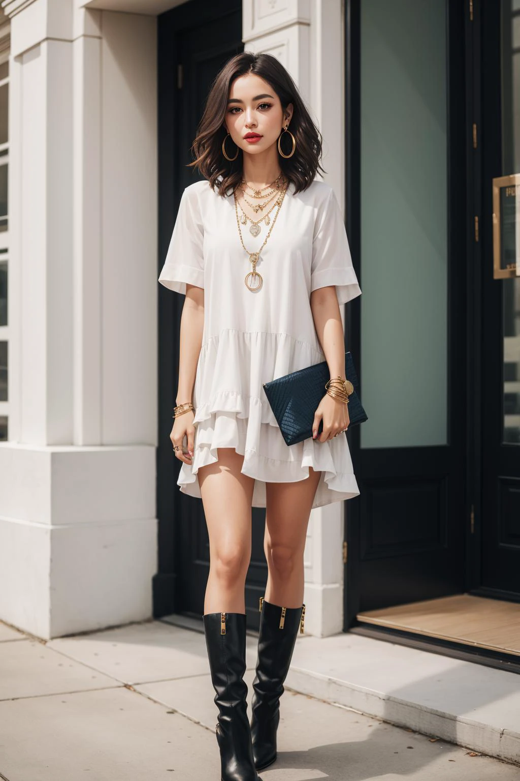 a portrait of beautiful Shirt dress, ankle boots, woven clutch, hoop earrings, layered necklace