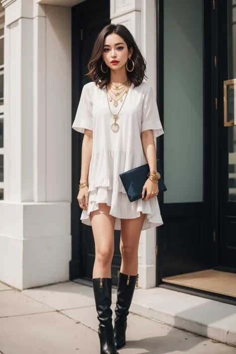 a portrait  of  beautiful Shirt dress, ankle boots, woven clutch, hoop earrings, layered necklace