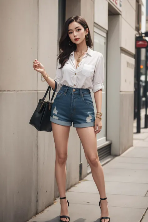 a portrait of beautiful Paperbag waist shorts, button-up shirt, ankle strap heels, mini bag, charm bracelet