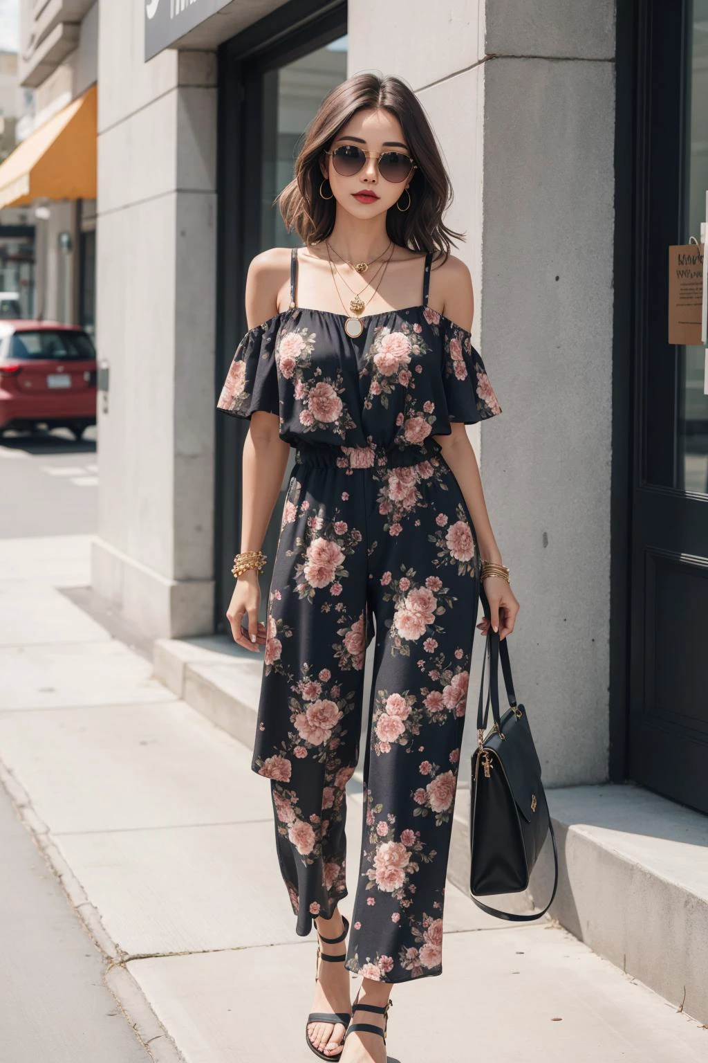 a portrait of beautiful Floral jumpsuit, wedge sandals, shoulder bag, pendant necklace, sunglasses