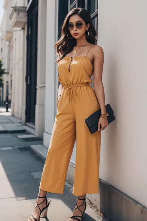 a portrait of beautiful Jumpsuit, wedge sandals, clutch, hoop earrings, sunglasses