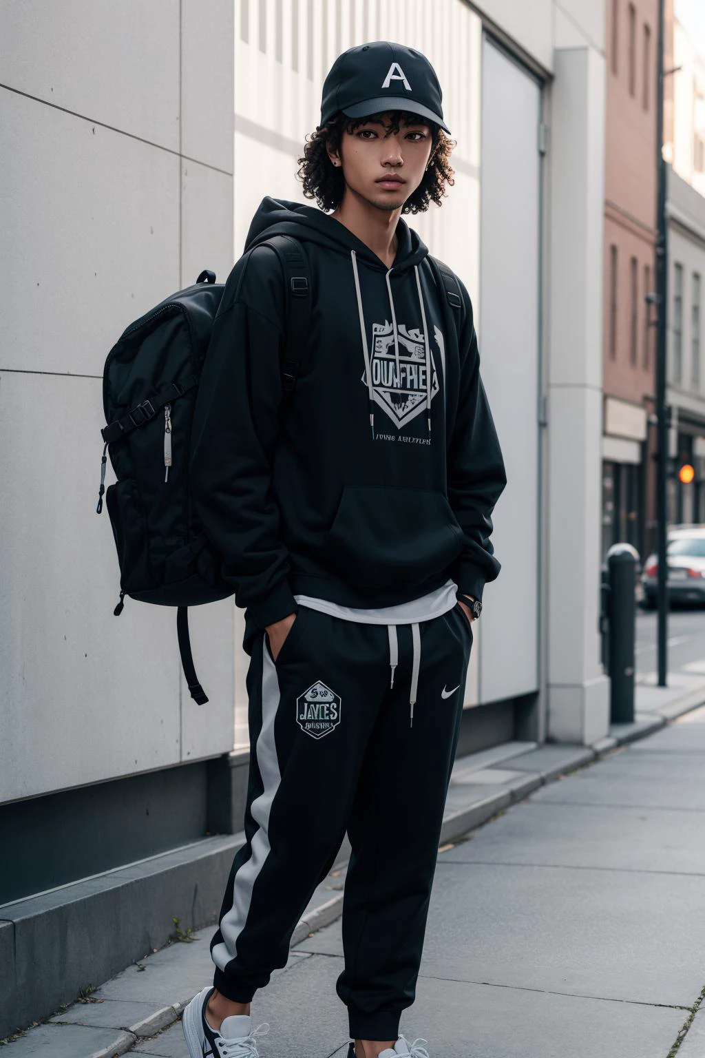 a portrait of beautiful Graphic hoodie, joggers, sneakers, bucket hat, backpack
