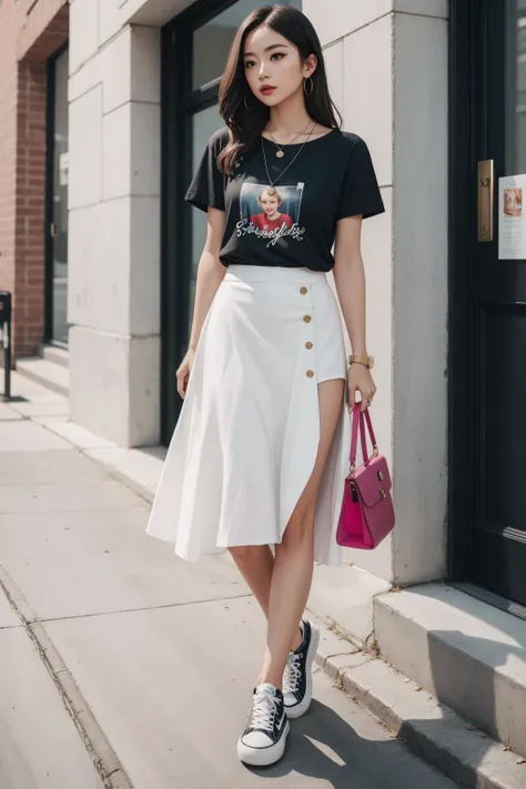 a portrait  of  beautiful Slip skirt, graphic t-shirt, sneakers, crossbody bag, dainty necklace