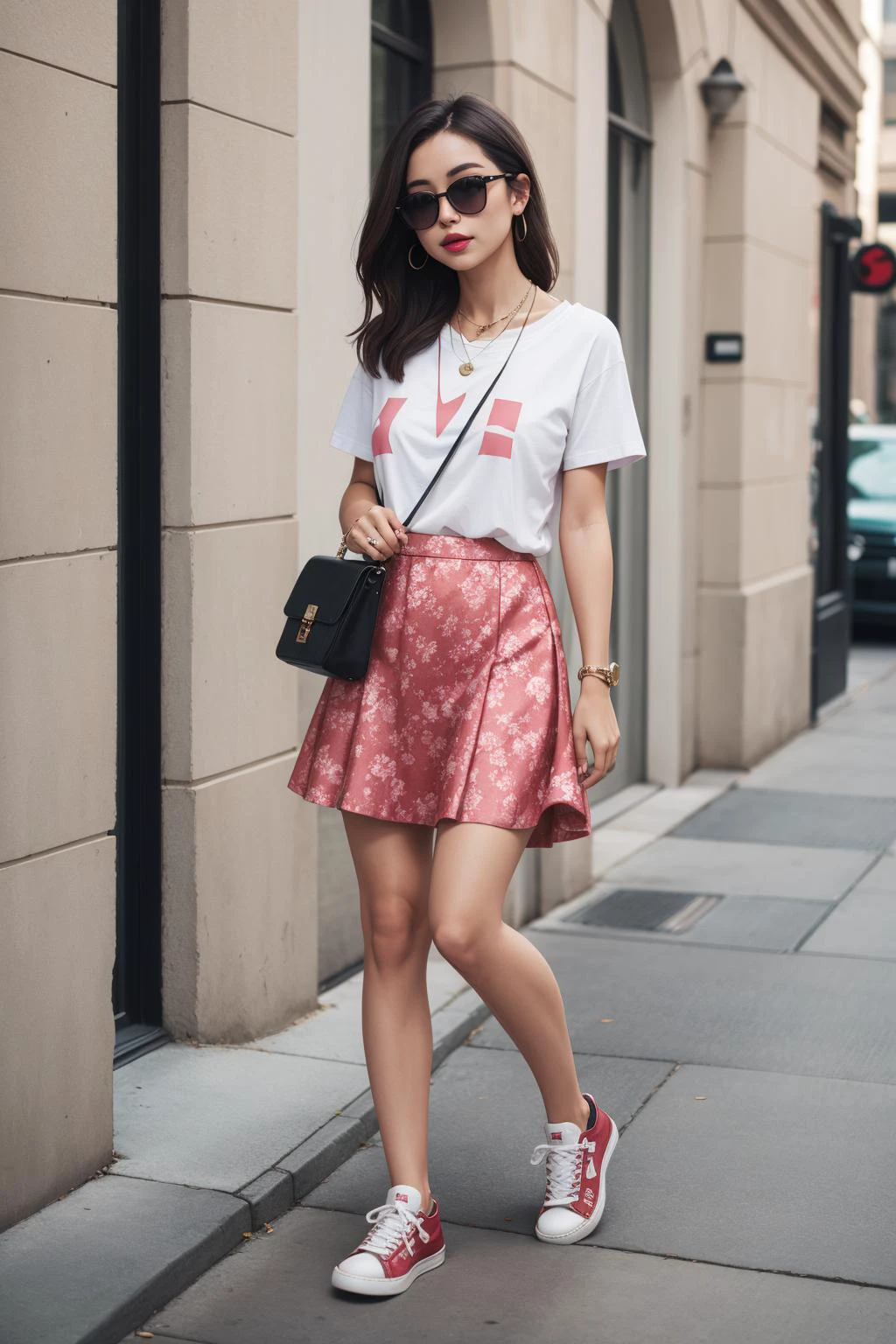 a portrait of beautiful Slip skirt, graphic t-shirt, sneakers, crossbody bag, dainty necklace