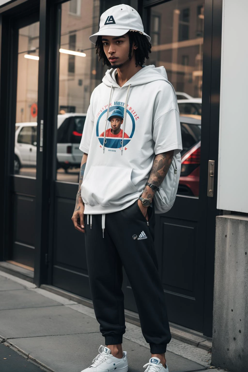 a portrait of beautiful Graphic hoodie, joggers, sneakers, bucket hat, backpack