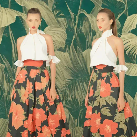 Three views,print_dress,<lora:Three views2-000004:1>,<lora:Floral_1shoulder_Dress_By_Stable_Yogi:1>,muse \(rainforest\),floral print,1girl,actress,adult,brown_skin,glamor,diamond face,long hair,pony-tail,makeup,light_blush,brown eyes,bright_pupils,nose,lipstick,summer_long_skirt,high-waist_skirt,floral_skirt,sleeveless_dress,