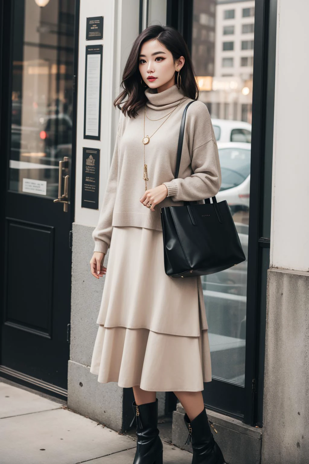 a portrait of beautiful Turtleneck sweater, midi skirt, ankle boots, tote bag, layered necklace