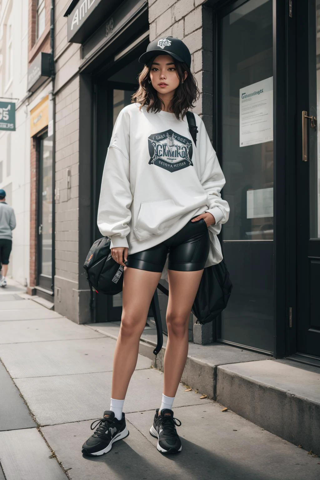 a portrait of beautiful Bike shorts, oversized sweatshirt, chunky sneakers, dad hat, backpack