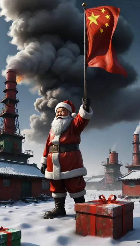 (chinese santa clause), (christmas presents), (factories pumping (corrosive smog pollution dark cloud filth wasteland) into the sky), ((made in china), chinese flag), (christmas snowy snowing santa's toy factory), (4k, 8k, extreme detail, ultra quality, HD, high definition, HDR, high dynamic range, octane render, Masterpiece, best quality, colorful, 8k wallpaper, Volumetric Lighting, best shadows, ultra definition, hyper realistic realism)
