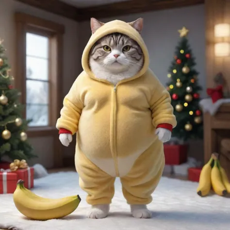 (fat cat wearing a (banana onesie)), (beautiful christmas decorations holiday winter wonderland background), (orchestral background), (4k, 8k, extreme detail, ultra quality, HD, high definition, HDR, high dynamic range, octane render, Masterpiece, best quality, 8k wallpaper, Volumetric Lighting, best shadows, crisp clear ultra definition, hyper realistic realism)