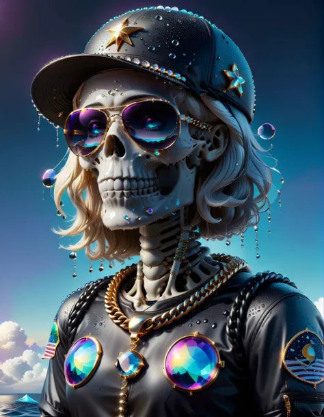 <lora:SkeletoNaut-000009:1> <lora:Waterdrops_Style_SDXL:1> ais-waterdrops skeletonaut, bling bling, fitted cap, stunna shades, cuban links, ASTRAL CLOUDS