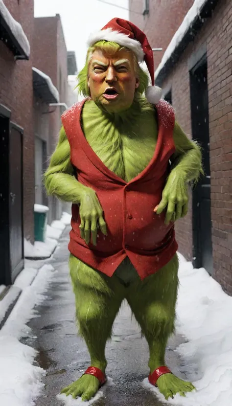 (full body donald trump as the grinch), (drunk homeless alleyway snowing snow snowy christmas)
