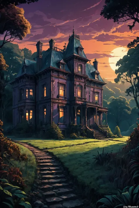 (art by Dan Mumford:0.9) , digital art, Technical illustration, detailed, Boho, landscape of a Manor, it is 1920'S and Discouraged, Bathed in shadows, Horror, F/5, triadic colors, extremely detailed CG Unity 8k wallpaper, extremely beautiful