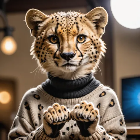 Closeup of an anthro furry cheetah female wearing a wool sweater, paws, paw pads towards viewer, high quality photography, 3 point lighting, flash with softbox, 4k, Canon EOS R3, hdr, smooth, sharp focus, high resolution, award winning photo, 80mm, f2.8, bokeh