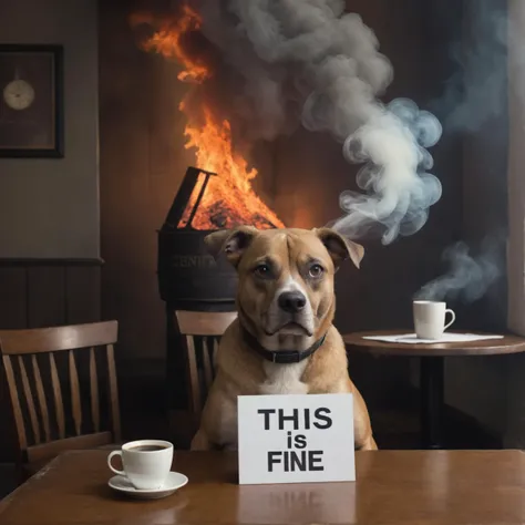 Epic photo of a dog wearing a cylinder he sitting at a table the hole room is burning thick smoke he drinking coffee he holds a sign "this is fine"
