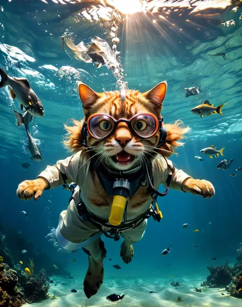 many cats (in oxygen masks:1.8) underwater, wearing glasses, cats hunt for fish, fish swim around, chasing fish, (fish swims towards the viewer:1.5), High detail RAW color Photo, 8k, light and shadow,  <lora:xl_more_art-full_v1:1>