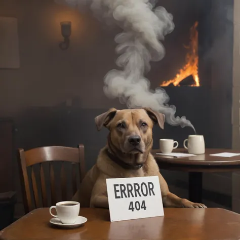Epic photo of a dog wearing a cylinder he sitting at a table the hole room is burning thick smoke he drinking coffee he holds a sign "error 404"