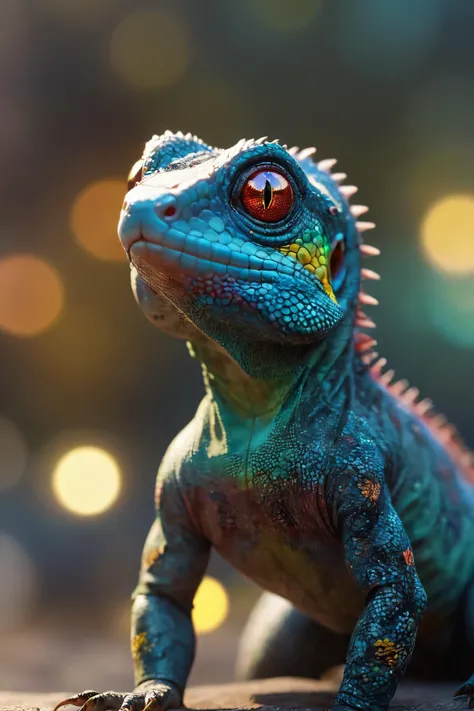 Spellbinding Suspicious Lizard, Bokeh, detailed, masterpiece, Wonder, Solarpunk Art, 4K
