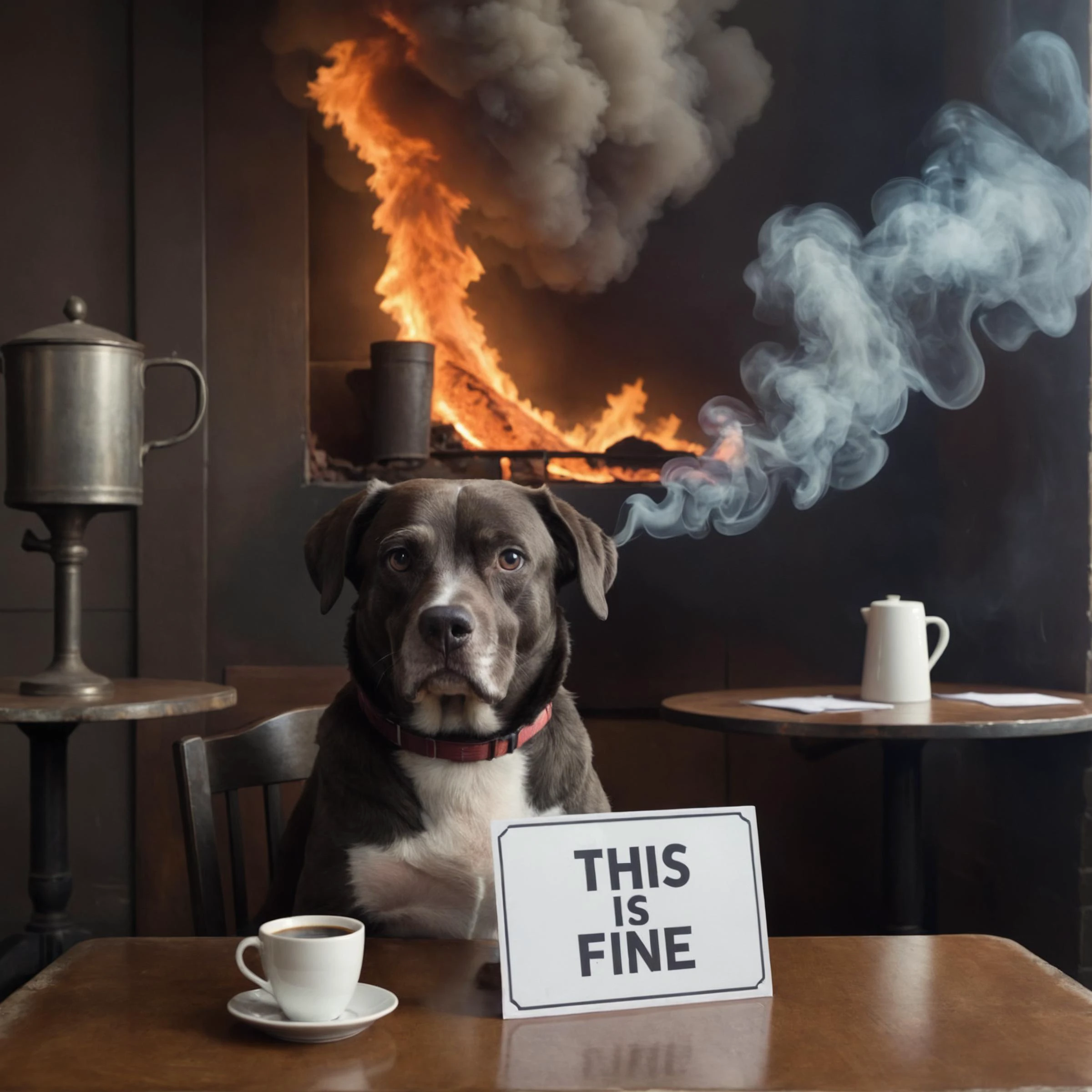 Epic photo of a dog wearing a cylinder he sitting at a table the hole room is burning thick smoke he drinking coffee he holds a sign "this is fine"