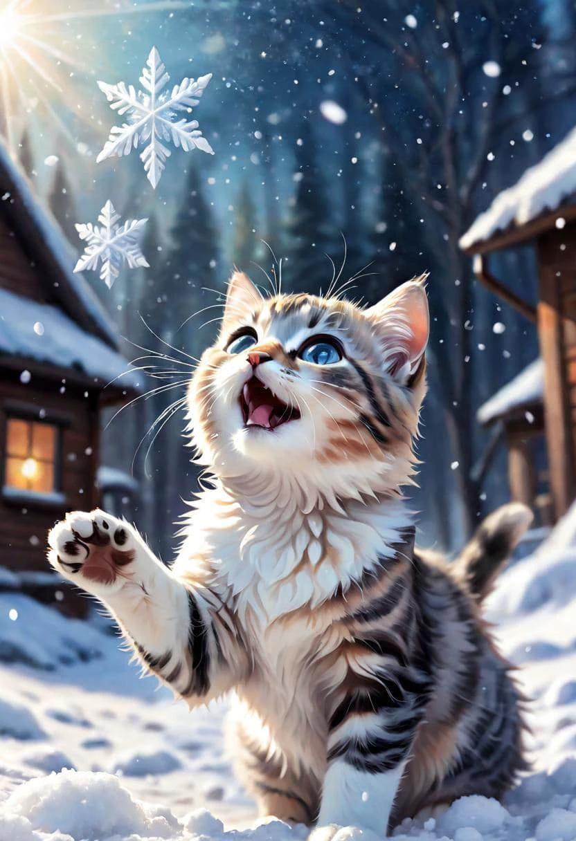 cutest kitty playing with snow, looking up, detailed hair texture, perfect eyes, magic art, soft palette, digital art, concept art, magic, realistic, fantasy, soft colors, transparency, paint, watercolor, (blurry:0.7)