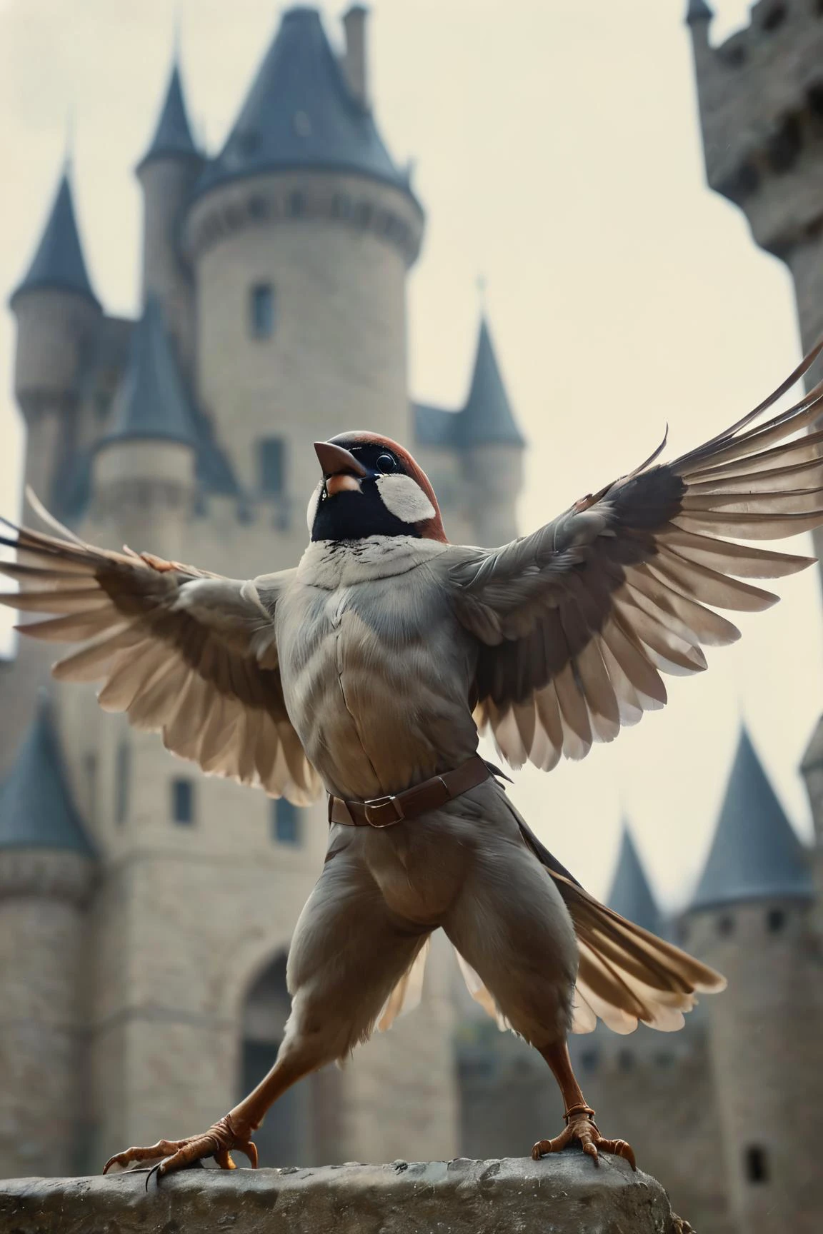 designed by Theo van Rysselberghe, Steve Ditko, masterpiece,close up of a Sparrow, Graceful, sieging a Castle, Hero pose, at Midday, soft focus, Horror, Renaissance, side lit, double exposure, Kodak UltraMax 400, Low shutter, Ambrotype