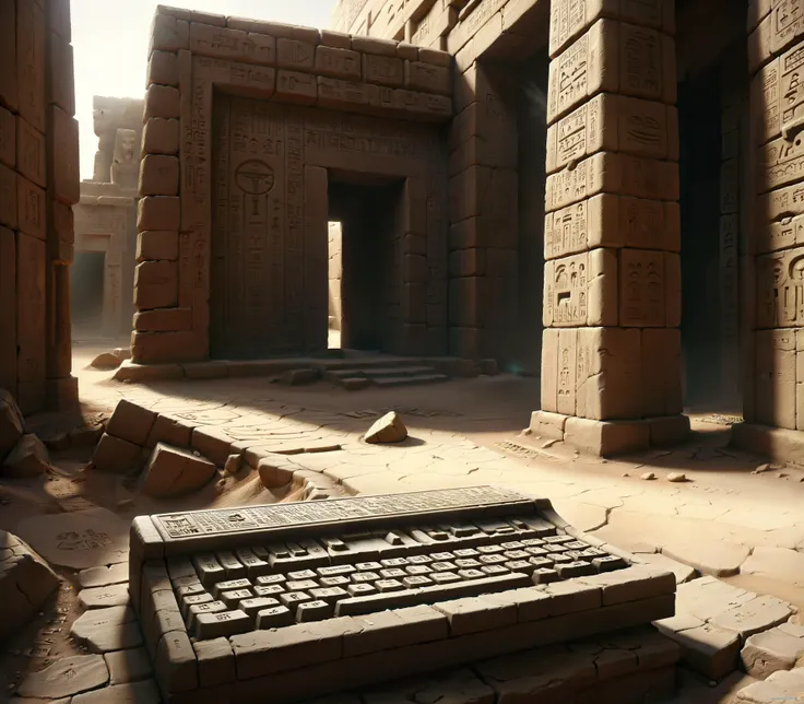 front view, ancient keyboard_(computer) with hieroglyphs, dr24karnak, cinematic scene, inside temple, volumetric light, sunray through door, hard shadows, eroded sandstone, <lora:sandstone-SDXL:0.5> <lora:dryearth:1>