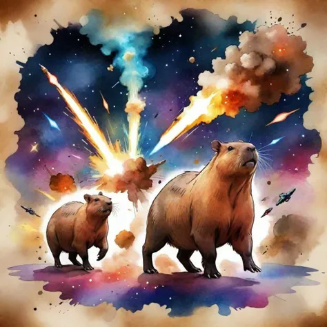 (ink watercolor on parchment art style), (capybara), (cosmic space chaotic space battle combat explosion war warfare background)