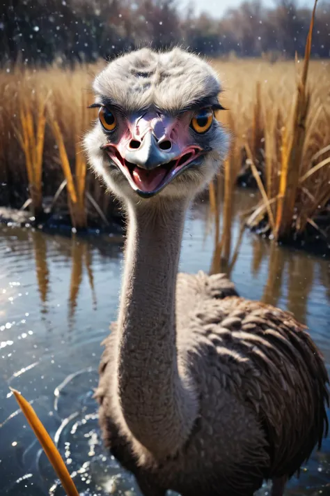 masterwork, pretty, birds-eye-view shot of a (Ostrich:1.2) with Water ears, the Ostrich is Creepy, complex Expressive background, electric color pond and reeds, Snowing, in focus, Guilty, Thriftcore, Sunlight, pinhole lens, Ambrotype, trending on artstation