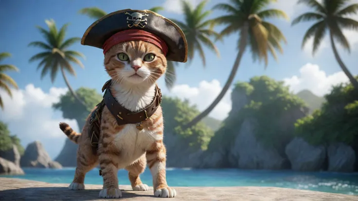 (pirate kitty), (tropical pirate island background), (4k, 8k, extreme detail, ultra quality, HD, high definition, HDR, high dynamic range, octane render, Masterpiece, best quality, colorful, 8k wallpaper, Volumetric Lighting, best shadows)