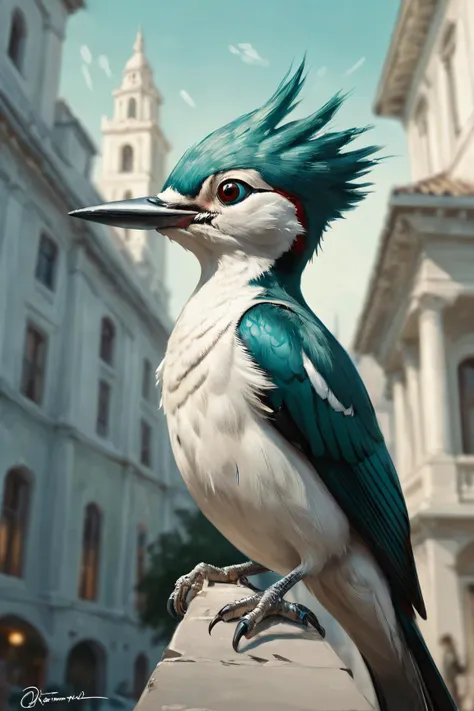 art by Anton Otto Fischer, Dreamworks, Digital painting,close up of a Chic White and Teal Woodpecker, Hopeless Architecture in background, Sketched, Awe, Classical Realism, Accent lighting, dynamic, dslr, Fish-eye Lens